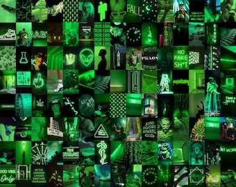 150|Boujee Green Aesthetic Digital Collage Kit - Dark Green Wall Collage - Aesthetic Room Decor - Green Neon Collage