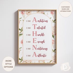 Custom Acrostic Name Poem Floral Wall Art – &quot;I Am&quot; Positive Affirmations, Printable Nursery Decor, Personalized Kids Room Art, Gift for Her