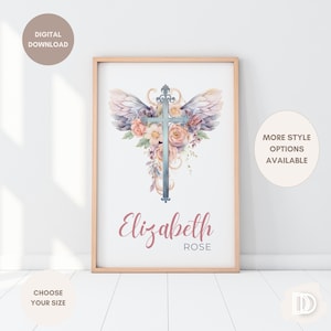 Personalized Christian Cross Wall Art | Custom Floral Name Print | Baptism Gift | Nursery & Kids Room Decor | Religious Digital Download