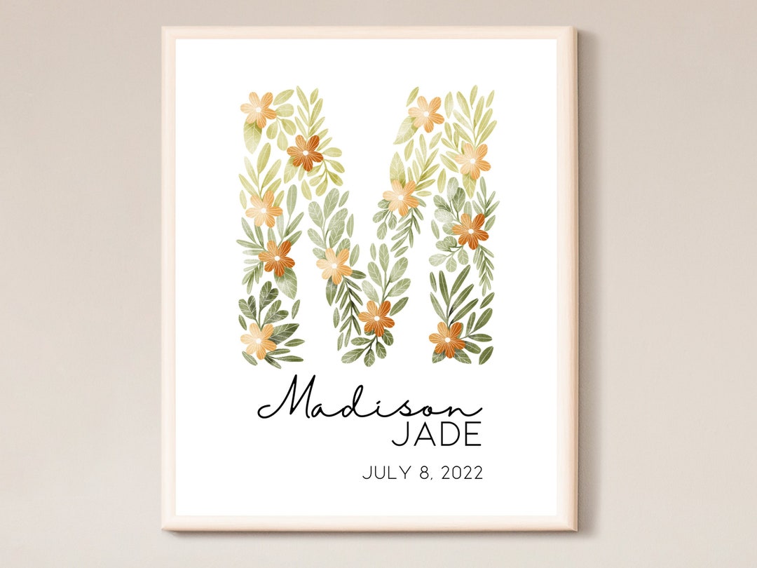 Custom Baby Name Printable Nursery Wall Art - Neutral Floral Monogram ...