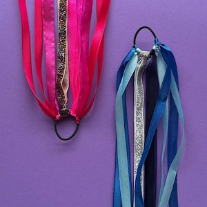 Può includere: Due elastici per capelli con lunghi nastri pendenti. L'elastico a sinistra presenta nastri di raso in varie tonalità di rosa e magenta con una striscia centrale glitterata. Quello a destra presenta nastri blu e blu navy con una striscia glitterata argento.