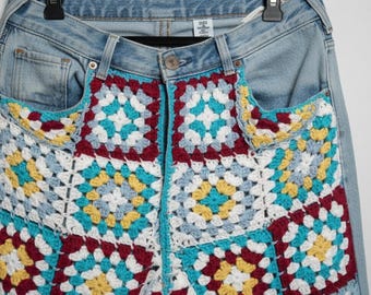 Pantalones de patchwork de crochet hechos a mano – Vaqueros de punto de granny square para mujer – Pantalones de crochet coloridos de estilo bohemio retro para festivales