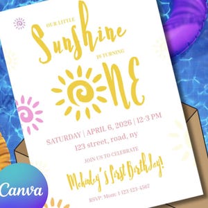 Invitación de primer cumpleaños de Nuestro Pequeño Sol / Descarga digital editable / Invitación para fiesta de cumpleaños de verano / Tarjeta imprimible de primer cumpleaños
