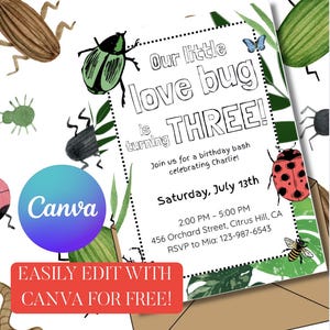 d'anniversaire d'insecte d'amour | Invitation modifiable pour un 3e anniversaire | Modèle anniversaire d'insectes | Fête des insectes en plein air | Conception sur toile imprimable