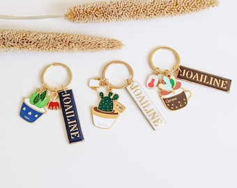 Keychain pot of plants in golden enamel and colored in blue, white and brown, key ring gift idea, keychain cactus