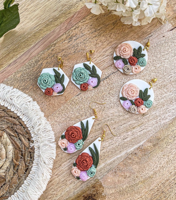 Round White Polymer Clay Earrings With Flowers polymer Clay