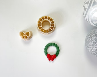 Clay cutter for Christmas, wreath jewelry cutter with ribbon, polymer clay cutter set, Christmas cutter