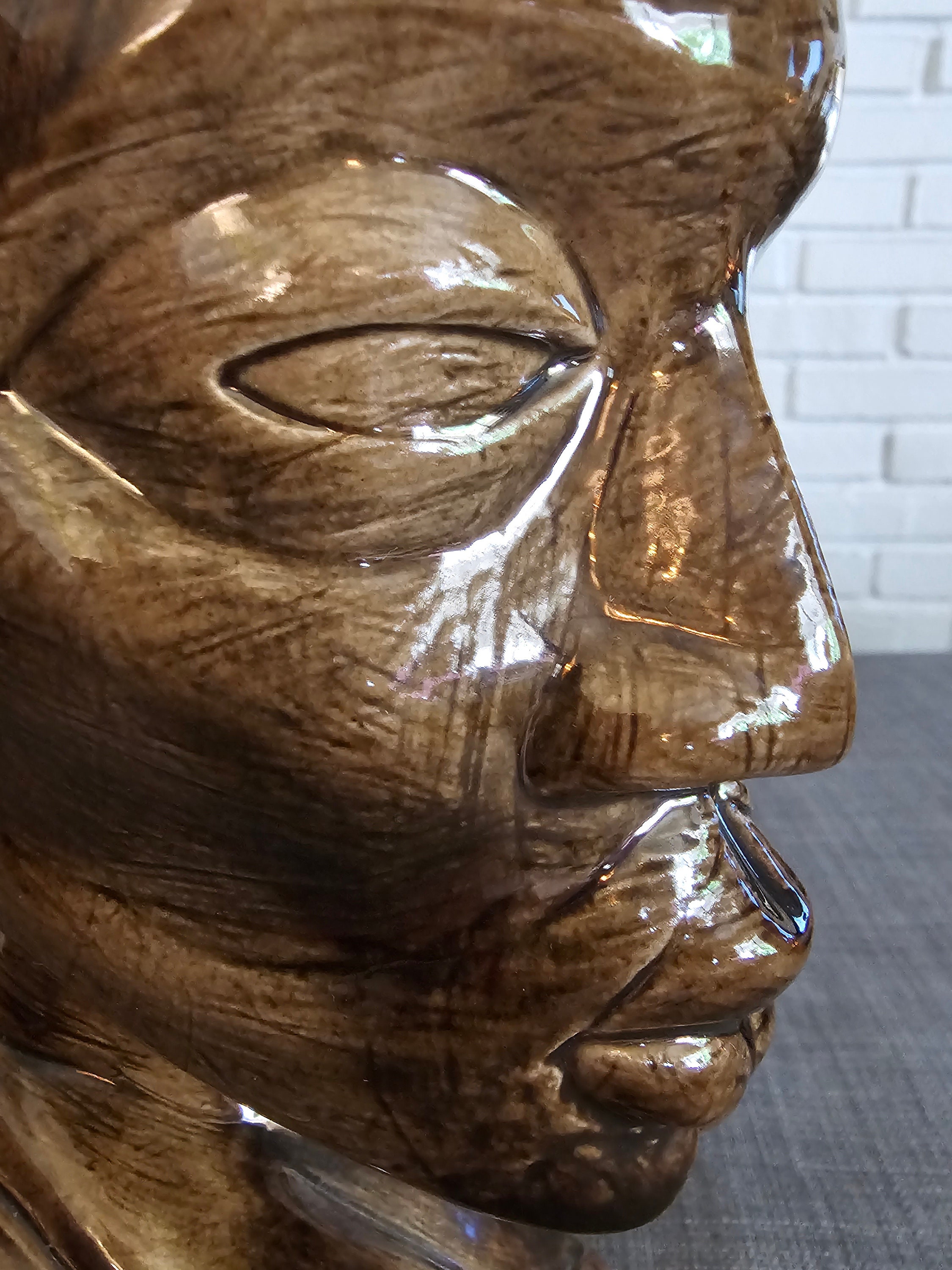 Vintage MCM Brown Ceramic Glazed Art Sculpture of Bust and 