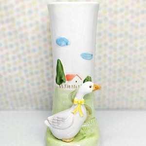1980s Vintage Ceramic Bud Vase with 3D Duck/Goose Figurine by Otagiri, Japan