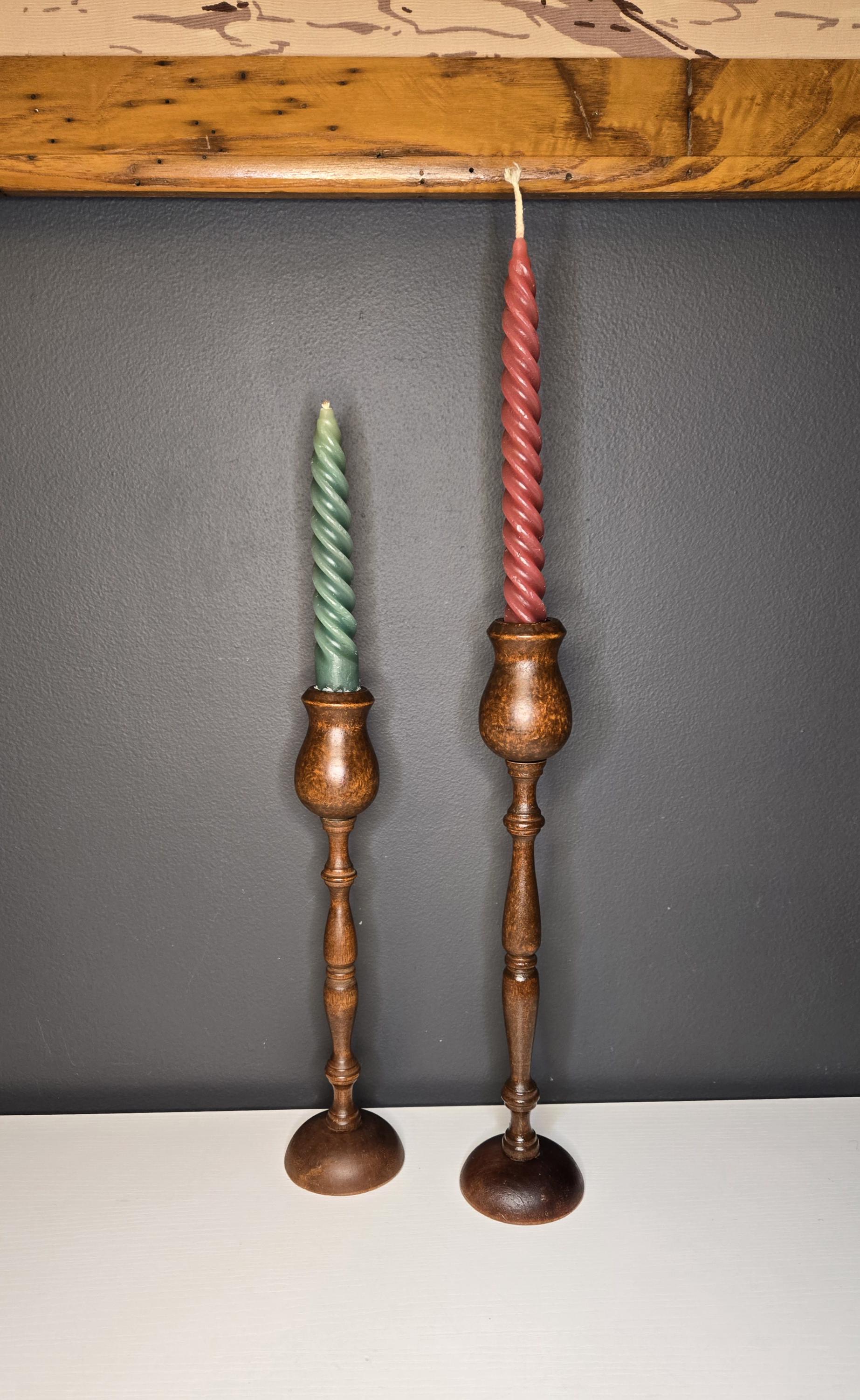 Set of 2 Vintage Turned Wood / Antique Wood Candlestick Holders Spindle ...