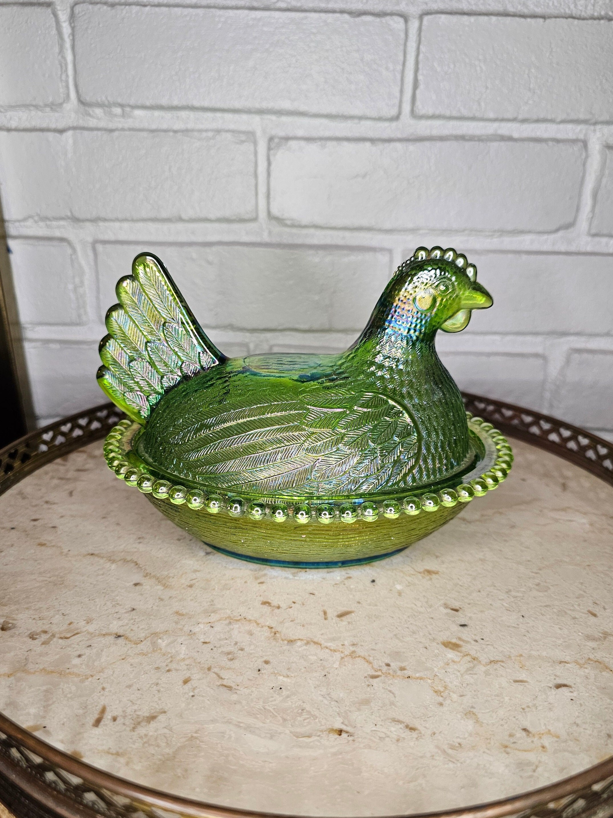 Vintage Indiana Glass Green Iridescent Carnival Glass Chicken Hen