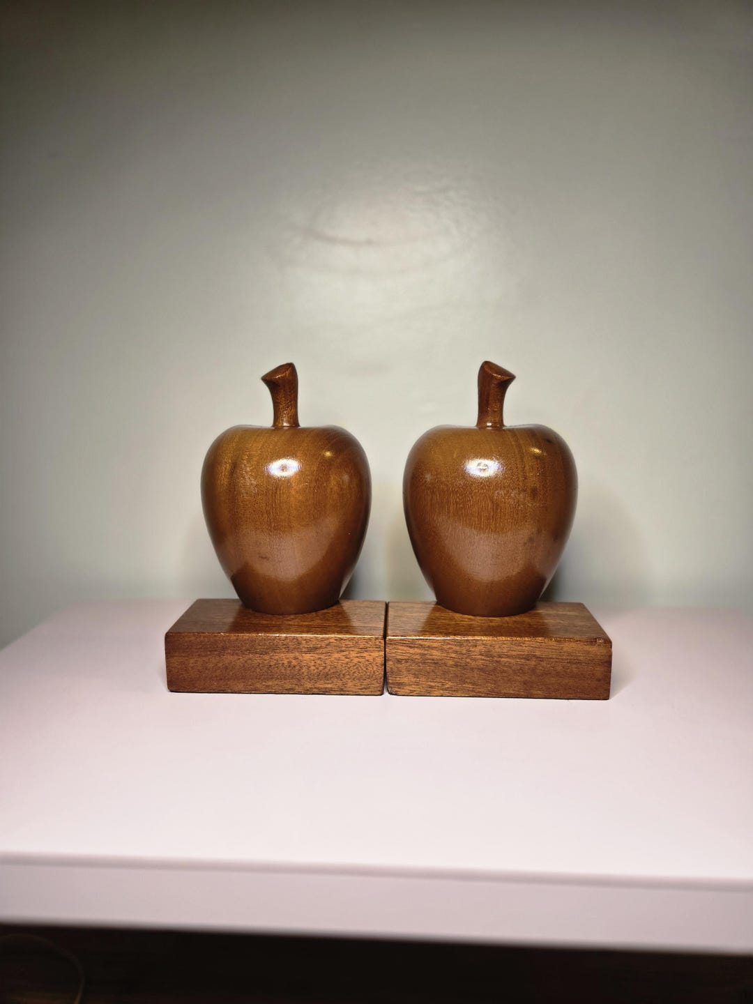 Vintage Handmade Stained Wooden Apple Bookends 6.25