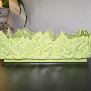 Vintage 1950s Kay Finch California Chartreuse Leaf Planter, Mid Century Modern Ceramic Window Box Planter, MCM Pottery Cachepot, 14 Inch
