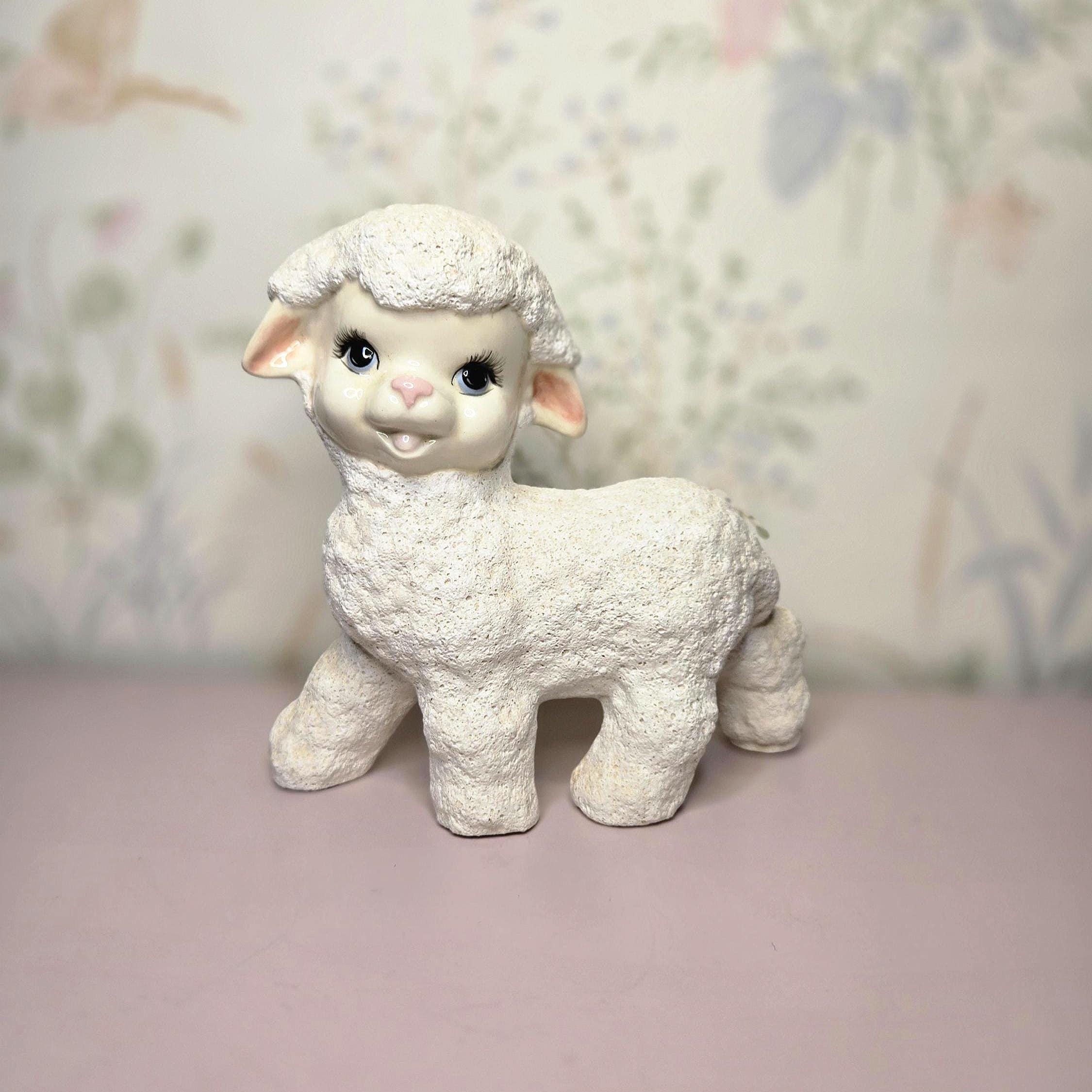 Vintage Ceramic Lamb Coin Bank 6” Textured Flocked White Lamb With