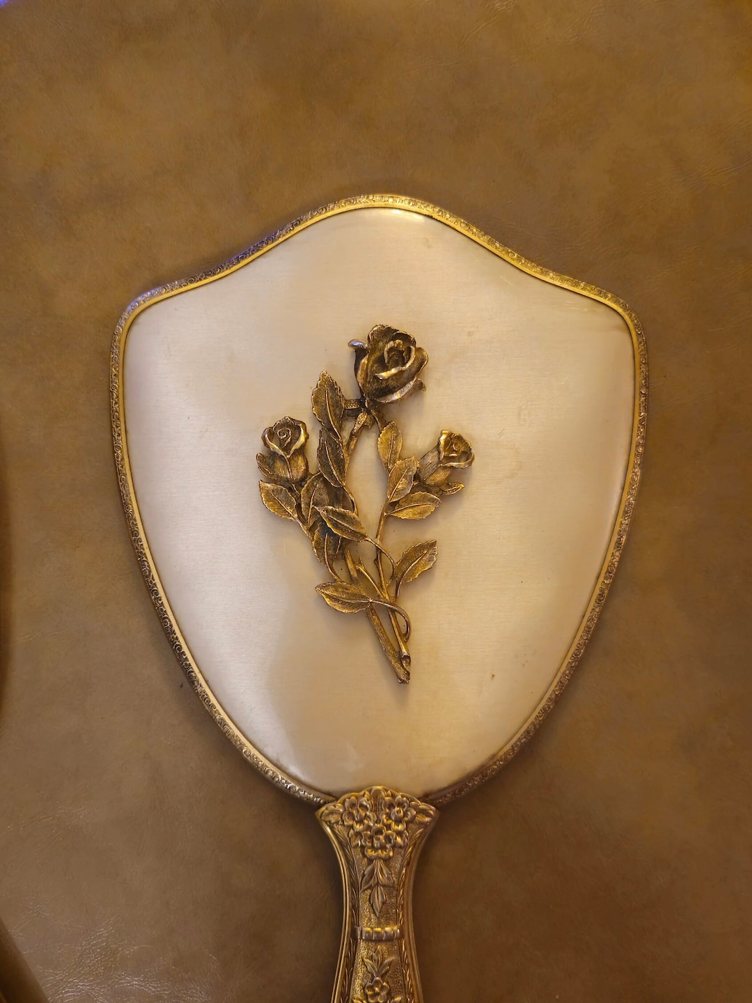 Vintage Ornate Vanity Mirror With Handle Gold Floral Tone Etsy