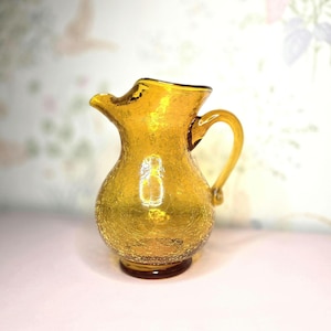 Vintage Amber Crackle Glass Pitcher – Glows Under Blacklight Uranium Art Glass Ewer – Mid Century Hand Blown Vase – Blenko Kanawha Style