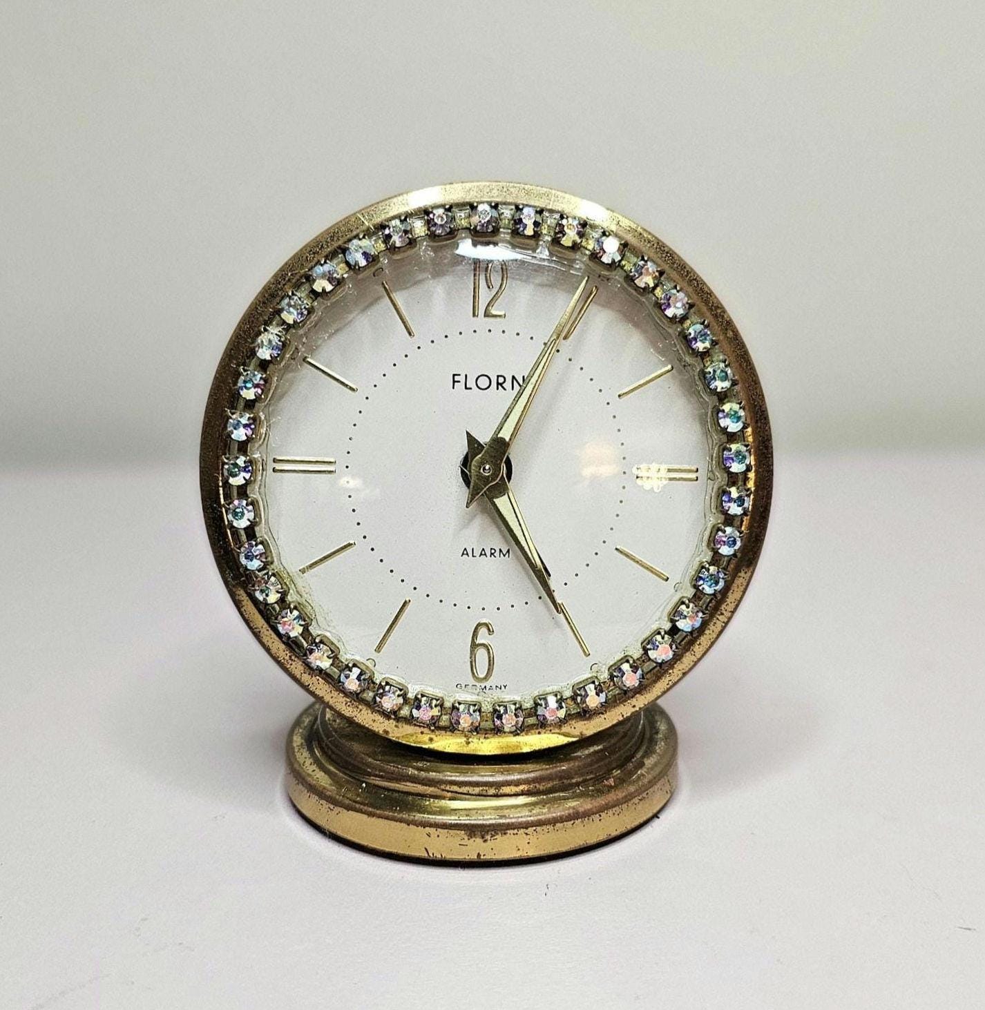 Vintage Florn Travelers Wind up Dial Gold Alarm Clock Rhinestone