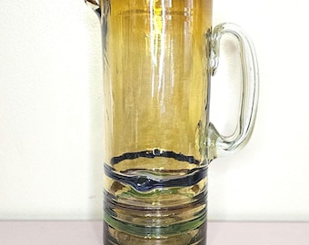 Handblown Yellow Art Glass Pitcher • Multicolor Banded Glass • Clear Applied Handle • Vintage Handblown Drink Pitcher • Studio Art Glass