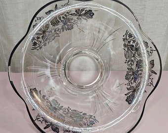 1950 Ornate Glass Large Bowl Crystal With Silver Floral Poppies Overlay and Flower Petal Shape