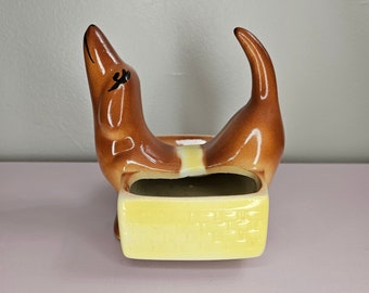 Vintage 5" Tall x 4.5" Wide MCM Ceramic Brown Dachshund Dog Ashtray Eclectic Decor