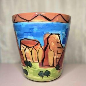 Hand Painted Southwestern Pottery Vase Canyon Landscape Art Vase Desert Scene Rustic Folk Art Planter Boho Decor 7 Inch Vase or Flower Pot