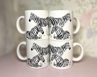 Set of 4 Vintage Zebra Coffee Mugs | Black & White Zebra Animal Print Cups | Safari Wildlife Mug Set | Modern Graphic Drinkware