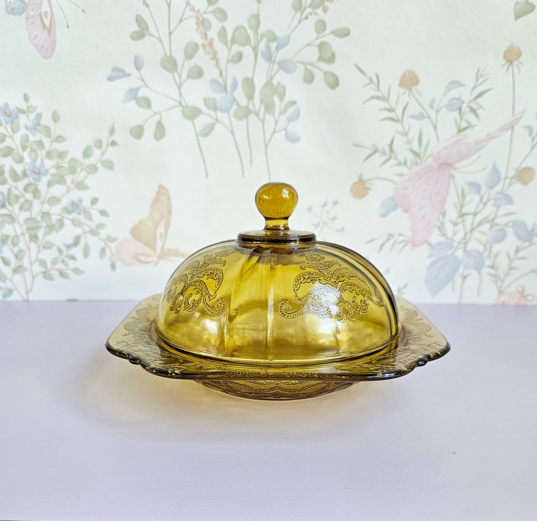 1930's, Federal Glass, Covered, Butter Dish, Madrid, Golden, Amber, Domed, Depression Glass