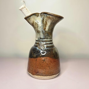Mid-Century Glazed Studio Art Pottery Oil Lamp Candle Signed Red and Tan