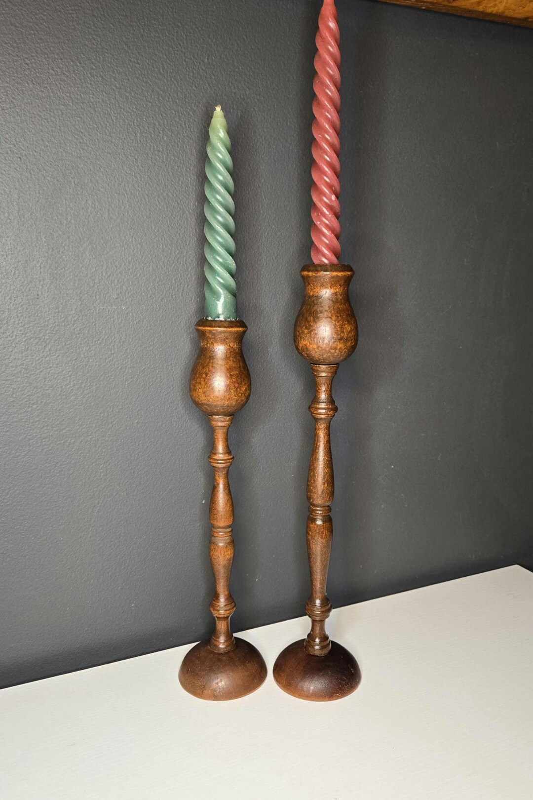 Set of 2 Vintage Turned Wood / Antique Wood Candlestick Holders Spindle ...