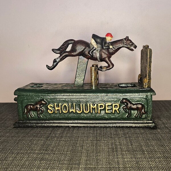 Vintage Cast Iron Mechanical Trick Money Bank Horse & Rider SHOWJUMPER Collectible Bank