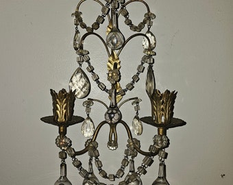 Antique Ornate Ivy Brass and Crystal Sconce Vintage Wall lamps Ornate Dangled Crystals