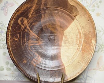 Rustic Studio Pottery Serving Bowl Signed Dale – Large Hand Thrown Stoneware Platter with Brown and Tan Drip Glaze, Mid Century Modern Ceram