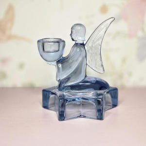 Vintage L.E Smith Glass Ice Light Blue Angel taper candle holder