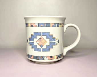 Vintage Mary Ann Baker Ceramic Mug – Southwest Geometric Aztec Diamond Design in Blue, Pink & Yellow – 1980s Stoneware Coffee Cup Otagiri