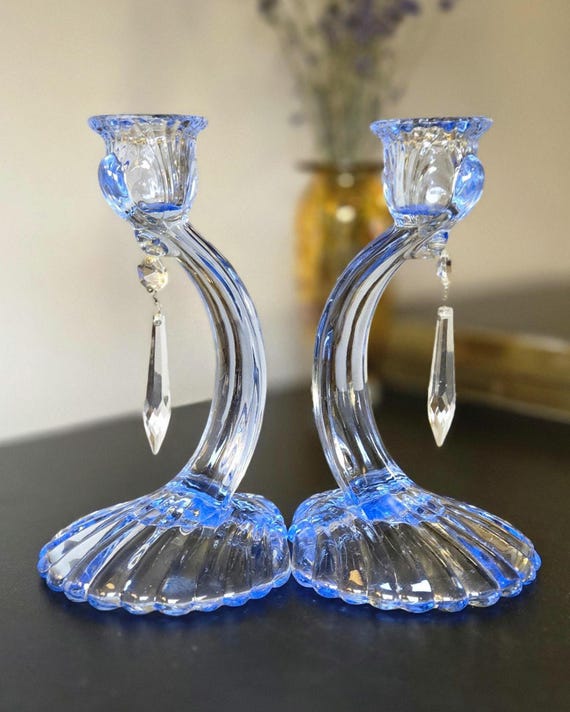 Vintage Cambridge Glass Caprice Moonlight Blue #70 Candlesticks