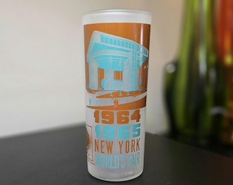 1964-1965 New York World's Fair Port Authority Building Frosted Glass Tumbler, Vintage Anchor Hocking Souvenir Glass 6.5"