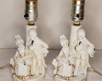 2 Antique Victorian Porcelain Man And Women Table Lamps