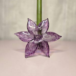 Murano Blown Art Glass Flower Swirled Spiral Stem Purple Sparkles Candlestick Holder 6&quot; - Italy