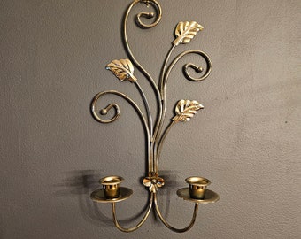 Cottagecore Brass Double Arm Leaf Wall Sconce Candlestick Holder 12"