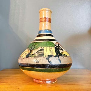 Vintage Mexican Hand Painted Pottery Vase – Folk Art Ceramic Decor, Colorful Traditional Mexico Vase Or Water Jug 9" tall