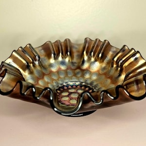 Vintage Fenton Carnival Glass Iridescent Marigold Coin Dot Ruffled Bowl Pattern 8&quot; Wide