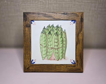 Azulejo español vintage pintado a mano con diseño de vaina de guisante, enmarcado, 7x7 cm, decoración rústica de pared para cocina, estilo granja, botánica vegetal, España