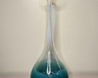Vintage Art Glass Bud Vase 13” Tall | Aqua Blue Ombre Hand Blown Vase | Modern Minimalist Decor