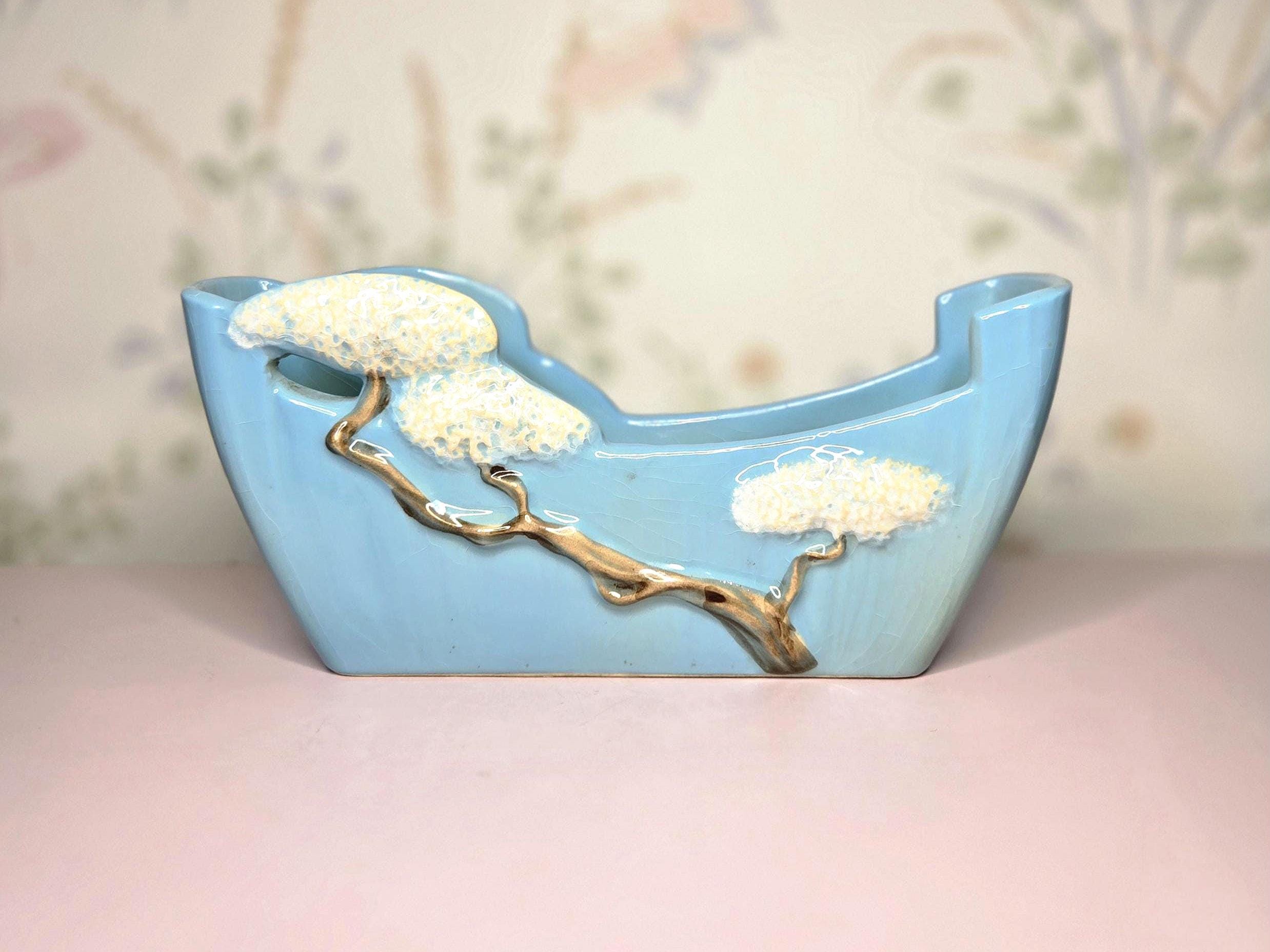 1940s Roseville Ming Tree Relief Blue Planter 1949 Vintage Art