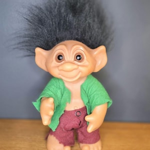 Vintage 1977 Thomas Dam TROLL - 9&quot; Doll - Made in Denmark Vintage 1970s 604 Black Hair Brown Eyes Boy Felt Clothes