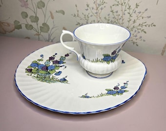 Vintage England Crown Staffordshire Gainsborough Bone China snack plate and cup / mug with Blue and Purple Floral