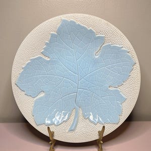 MAJOLICA 1950s Galvani Ceramic Decorative Plate 11 1/8&quot; Large Plate with Blue Relief Leaf and White Background