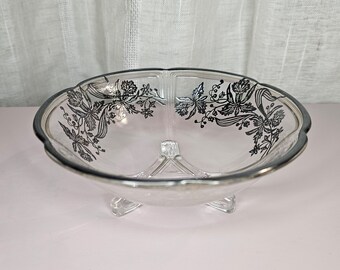 1950 Ornate Glass 3 Toed Bowl With Silver Floral Poppie Overlay and Flower Petal Shape