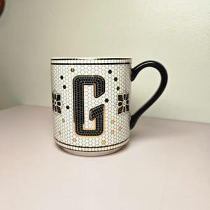 Anthropologie Monogram G Mug, Initial Letter Coffee Cup, Black White Mosaic Mug, Personalized Coffee Mug, Alphabet Mug, Gift for G Name