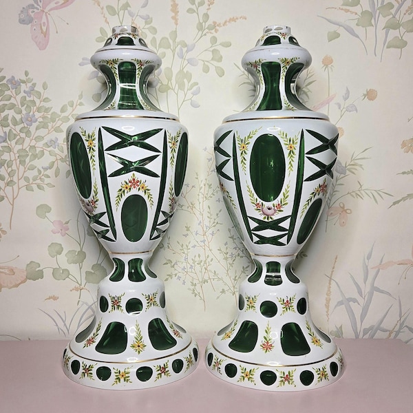 Pair Vintage Bohemian Czech Green Cut Glass Lamp Bases, Hand Painted Floral Gold, 15 Inch